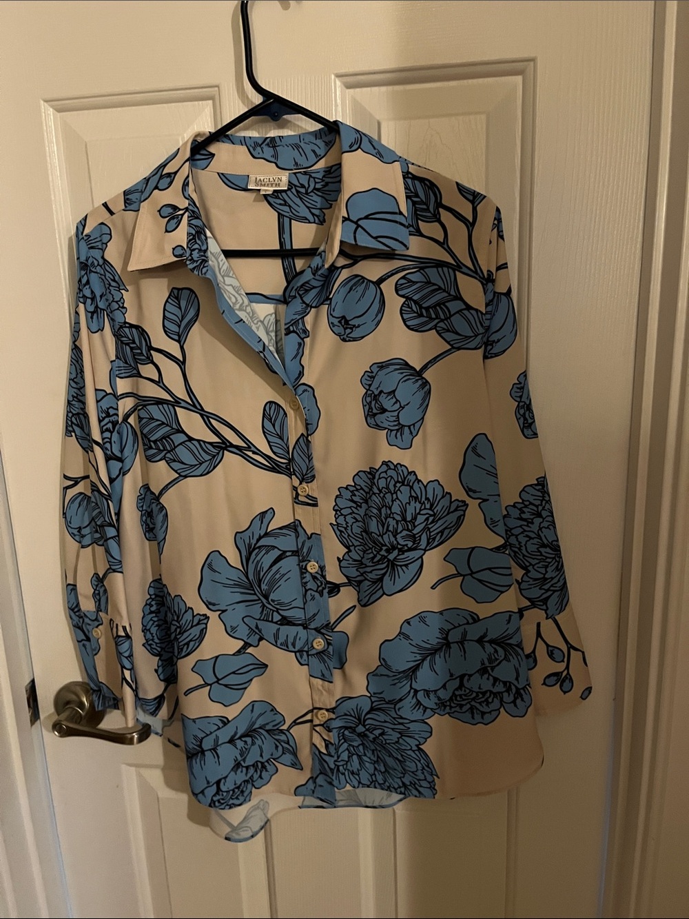 Jaclyn Smith Beige Button-Down Shirt with Blue Floral Print